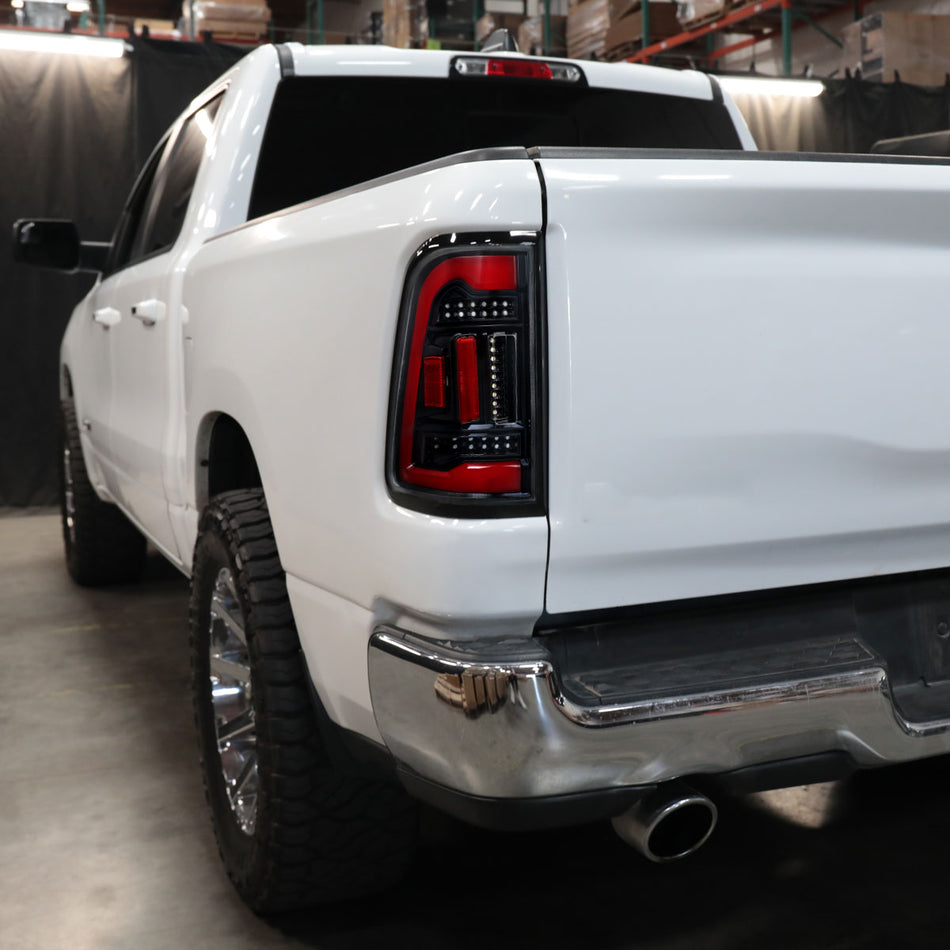 2019-2024 Dodge RAM 1500 White LED Bar Tail Lights (Glossy Black Housing/Clean Lens)