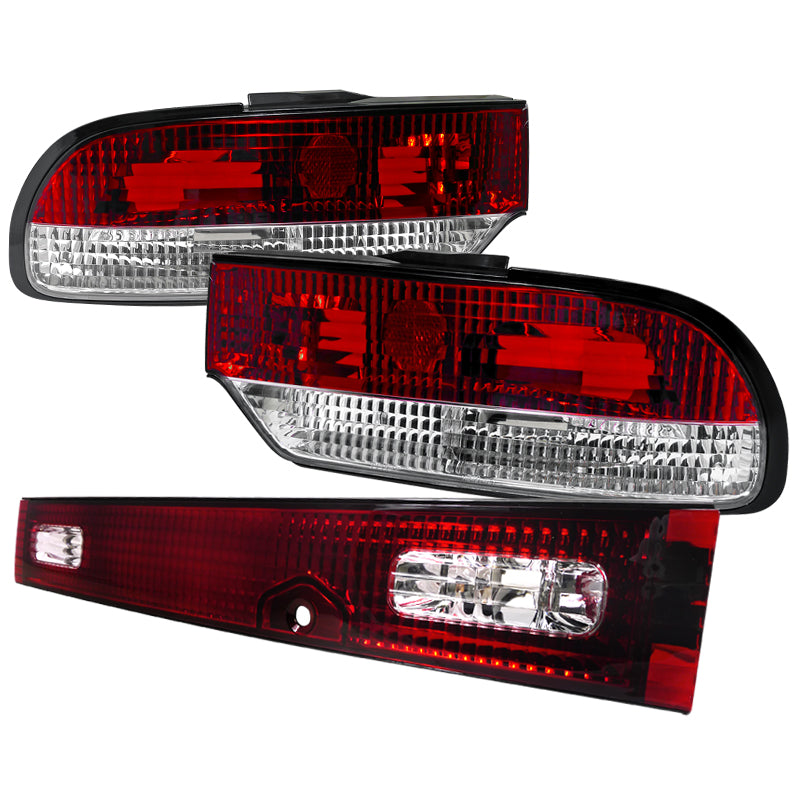 1989-1994 Nissan 240SX S13 Hatchback Tail Lights & Center Trunk Light (Chrome Housing/Red Clear Lens)