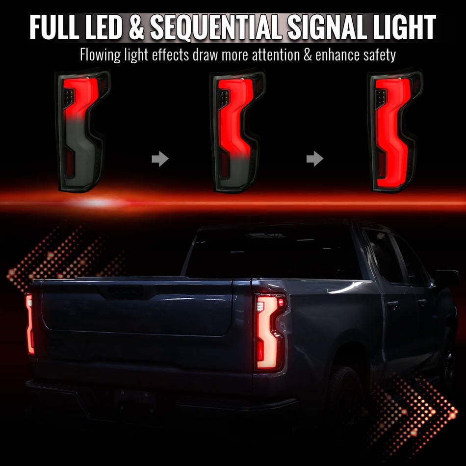 2019-2026 Chevrolet Silverado / 2020-2023 Silverado 2500HD Full LED Switchback Sequential Tail Lights (Glossy Black Housing / Smoked Lens)
