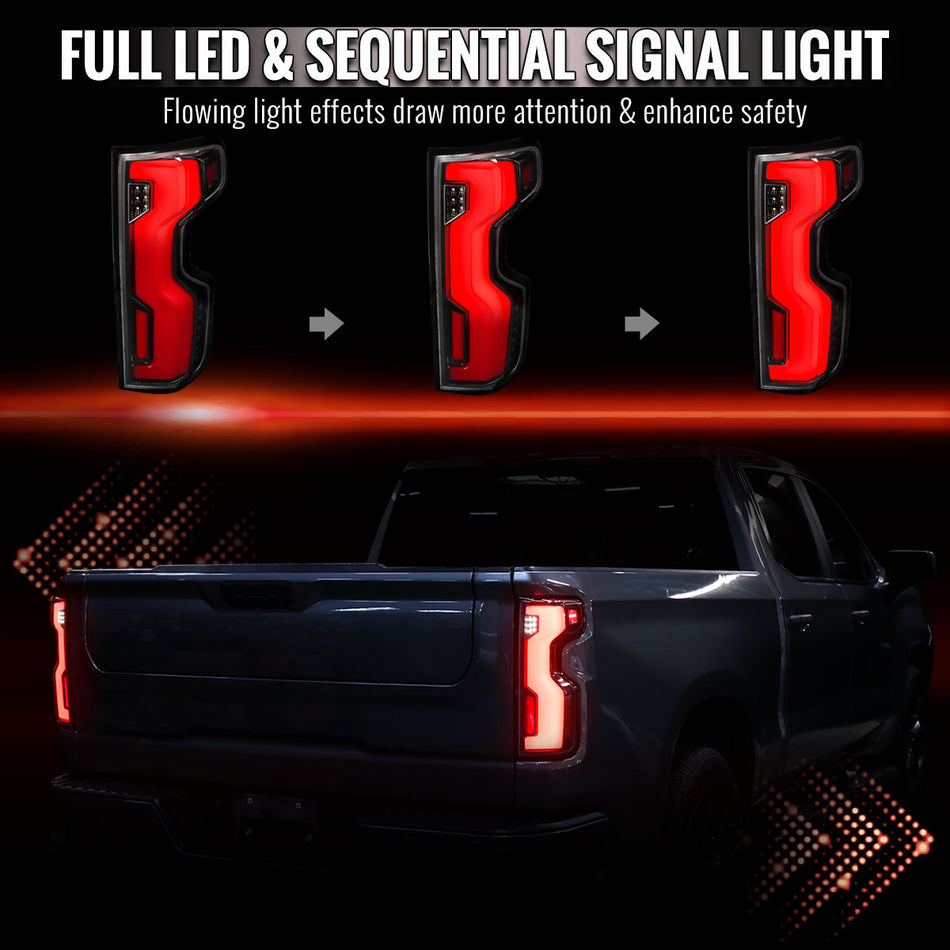 2019-2026 Chevrolet Silverado / 2020-2023 Silverado 2500HD Full LED Switchback Sequential Tail Lights (Jet Black Housing / Clear Lens)