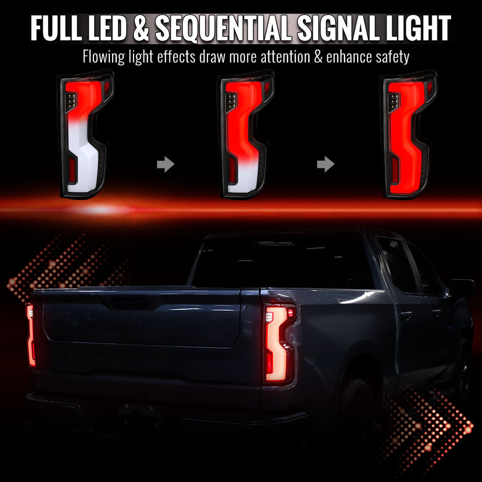 2019-2026 Chevrolet Silverado / 2020-2023 Silverado 2500HD Full LED Switchback Sequential Tail Lights (Black Housing / Clear Lens)
