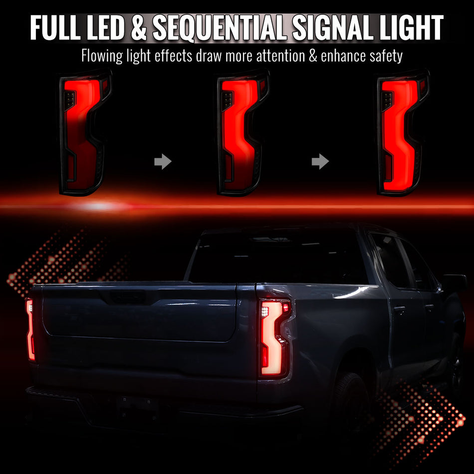 2019-2026 Chevrolet Silverado / 2020-2023 Silverado 2500HD Full LED Switchback Sequential Tail Lights (Black Housing / Smoked Lens)