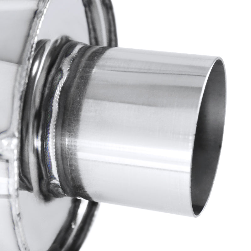 Universal 2.5" Inlet/4" Outlet Stainless Steel Spiral Flow Exhaust Muffler w/ Slanted Burnt Tip
