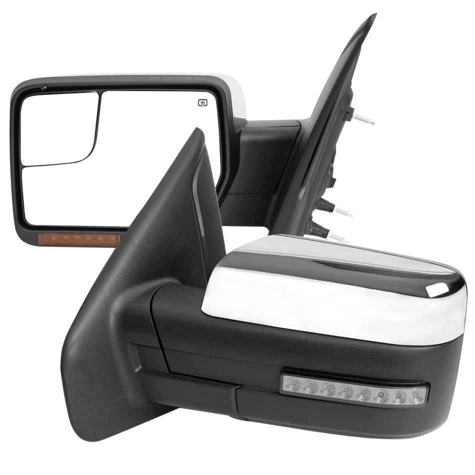 2007-2014 Ford F150 Chrome Power Adjustable & Heated Side Mirrors w/ LED Turn Signal and Puddle Light - Pair