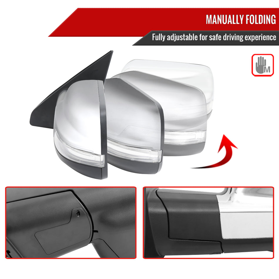 2019-2024 Dodge RAM 1500 Chrome Power Adjustable, Manual Fold, BSD & Heated Side Mirror w/ LED Puddle and Turn Signal Light - Driver Side Only