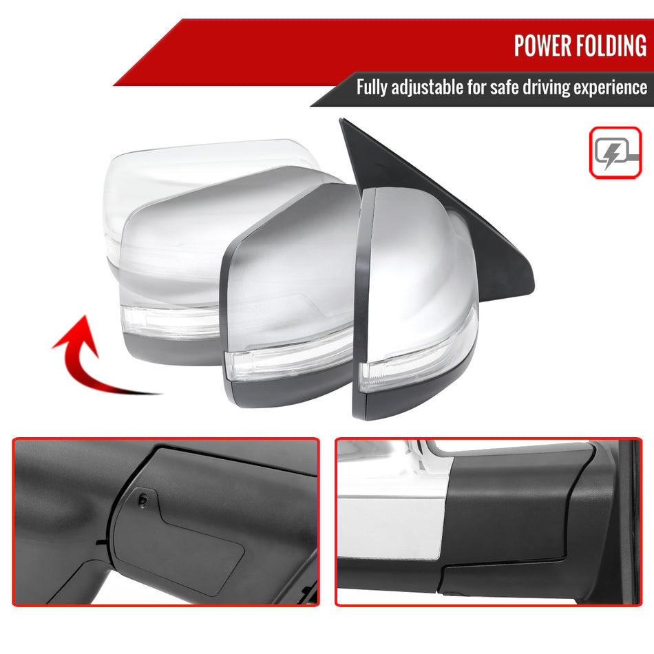 2019-2024 Dodge RAM 1500 Chrome Power Adjustable, Auto-Fold, BSD & Heated Side Mirror w/ LED Puddle and Turn Signal Light - Passenger Side Only