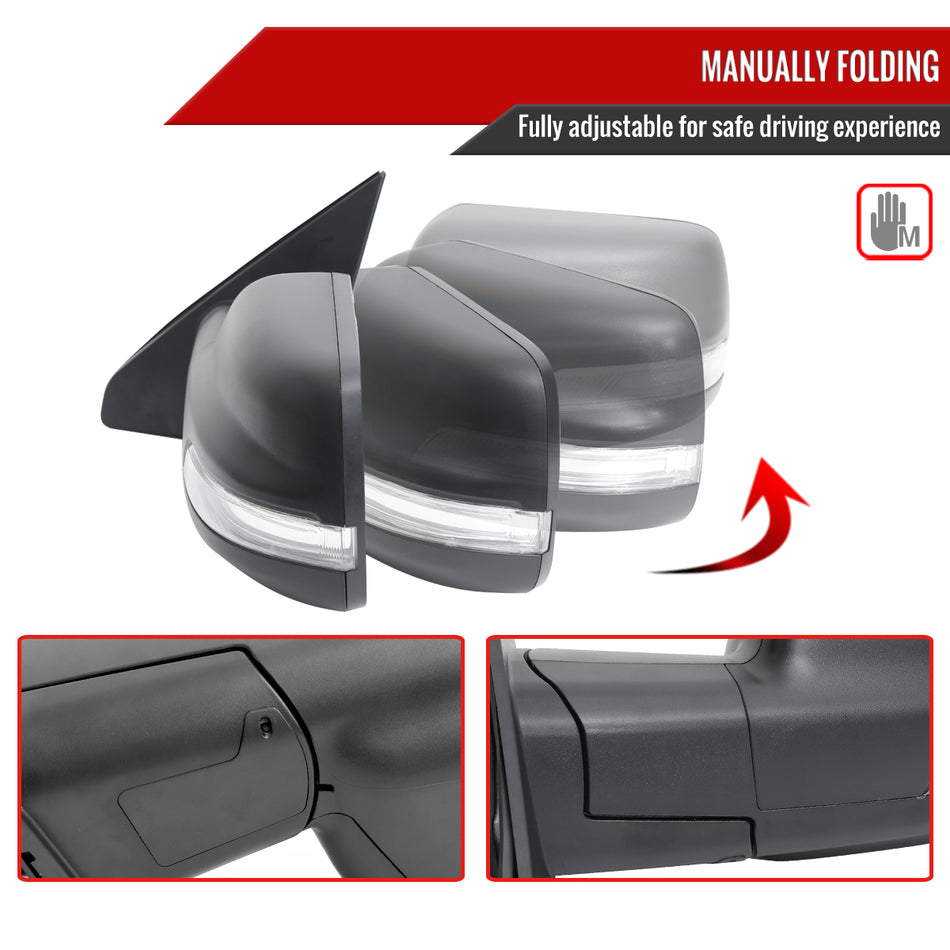 2019-2024 Dodge RAM 1500 Black Power Adjustable, Manual Fold, BSD & Heated Side Mirror w/ LED Puddle and Turn Signal Light - Driver Side Only