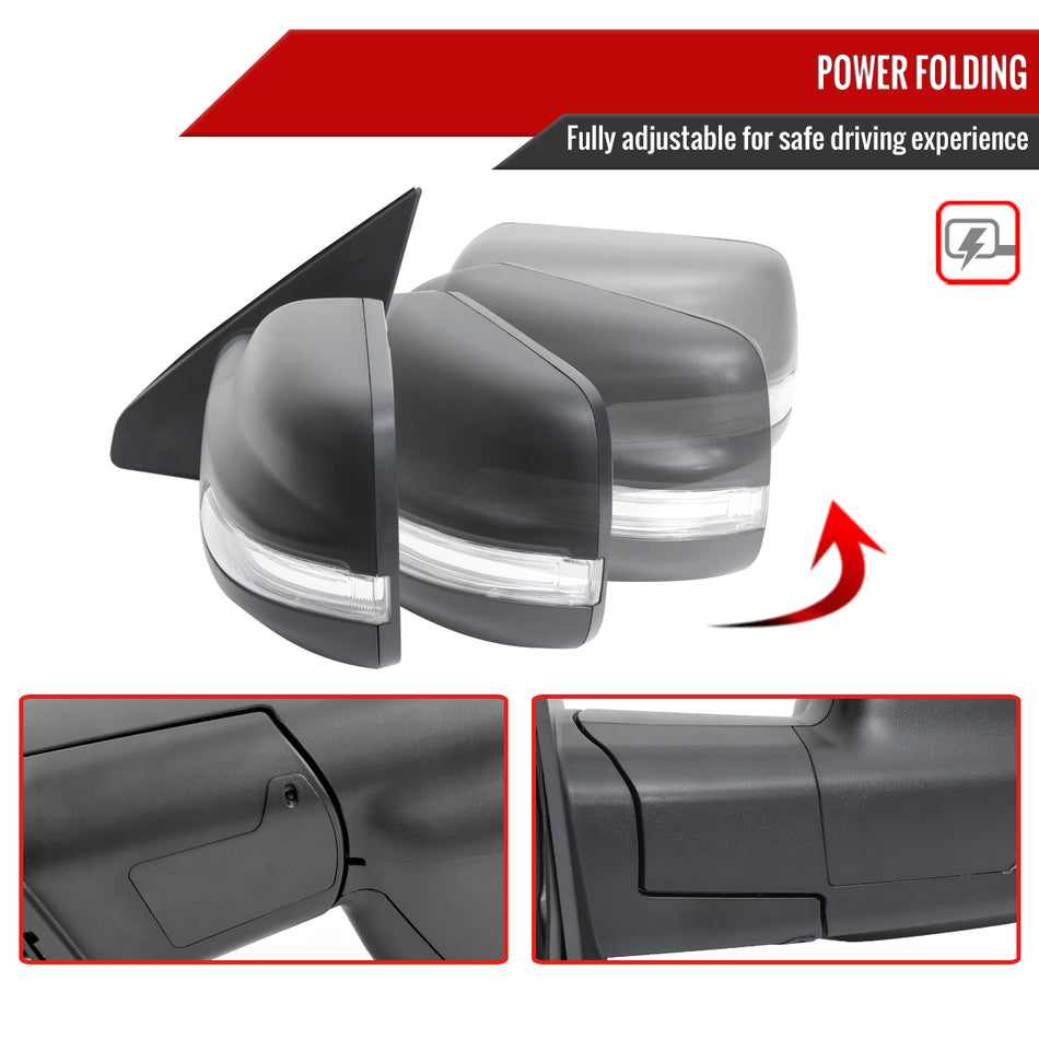 2019-2024 Dodge RAM 1500 Black Power Adjustable, Auto-Fold, BSD & Heated Side Mirror w/ LED Puddle and Turn Signal Light - Driver Side Only
