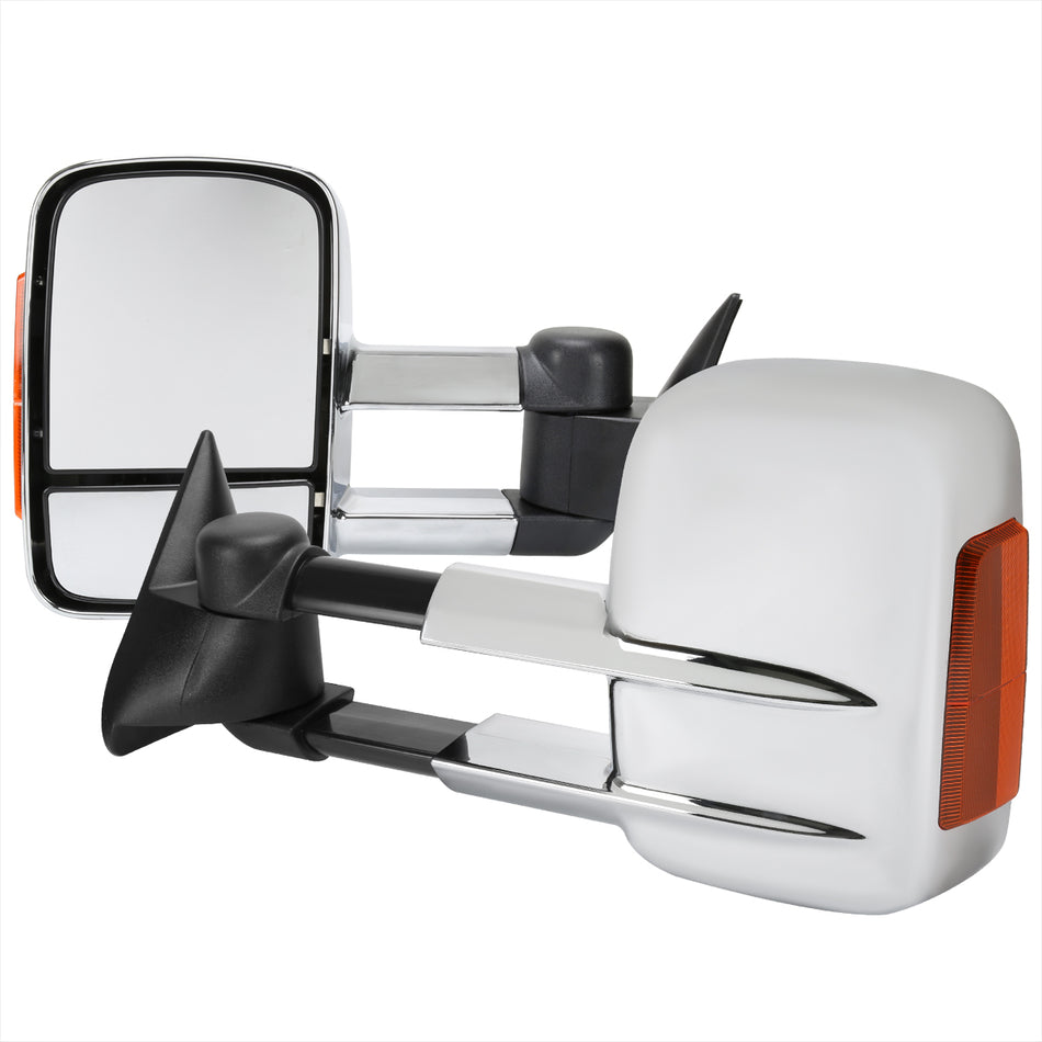 1988-2002 Chevrolet C/K C3500/Tahoe GMC Yukon/Suburban Chrome Manual Adjustable & Extendable Towing Mirrors w/ LED Amber Smoked Turn Signal Lights