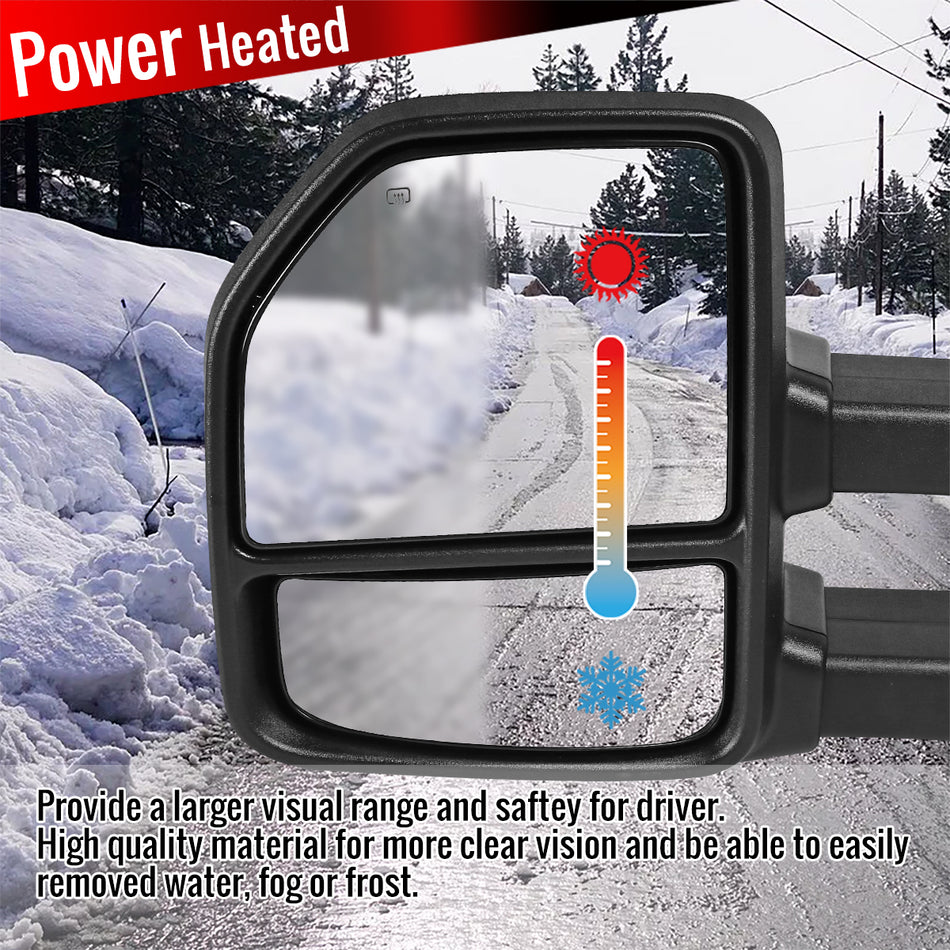 2015-2020 Ford F-150 Power Adjustable, Heated, & Manual Extendable Towing Mirrors w/ Clear Lens Sequential LED Turn Signal, Clearance, Puddle, & Auxiliary Lights