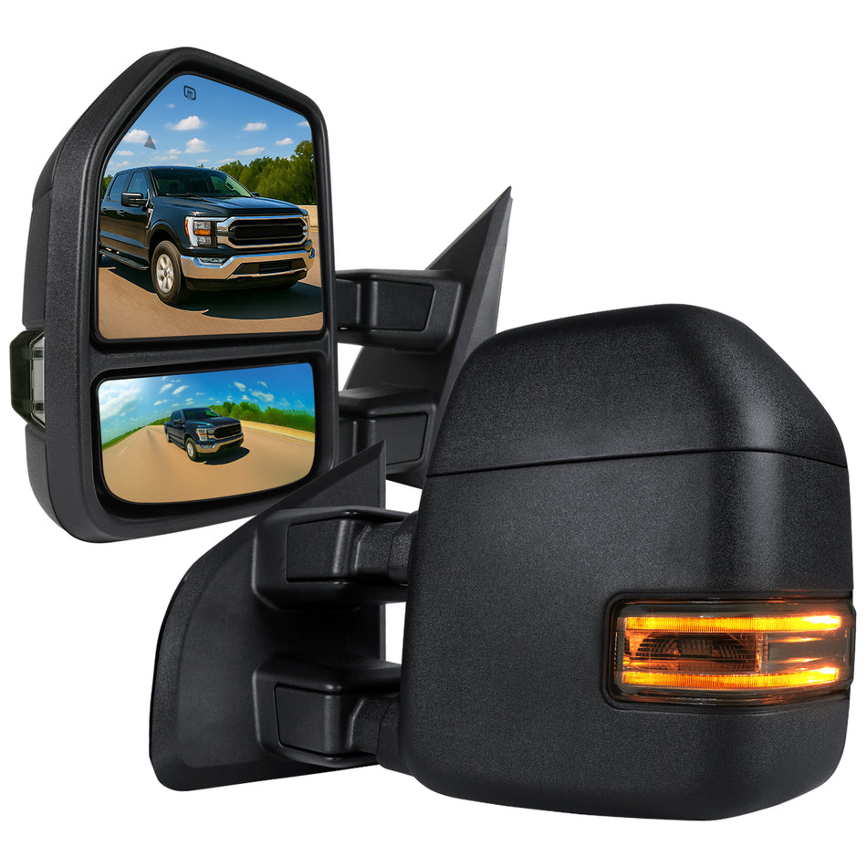2021-2025 Ford F150 F250 Power Adjustable, Heated, & Manual Extendable Towing Mirrors w/ Smoked Lens LED Turn Signal & Puddle Lights