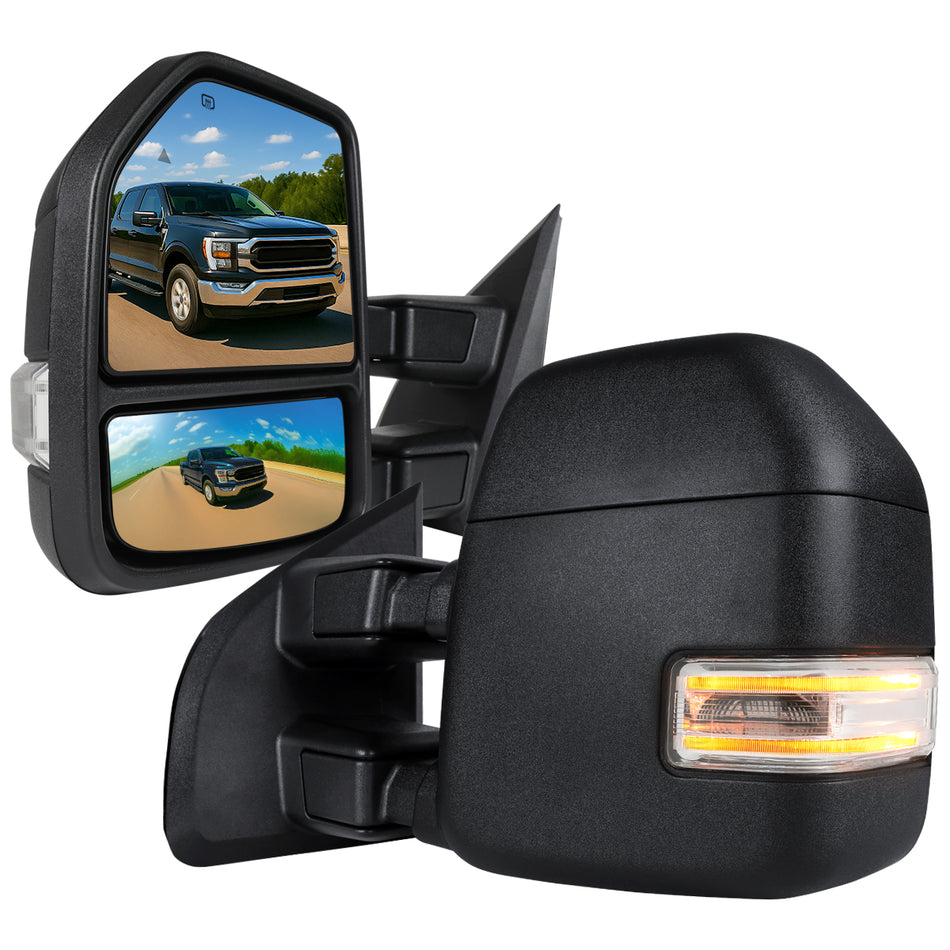 2021-2025 Ford F150 F250 Power Adjustable, Heated, & Manual Extendable Towing Mirrors w/ Clear Lens LED Turn Signal & Puddle Lights