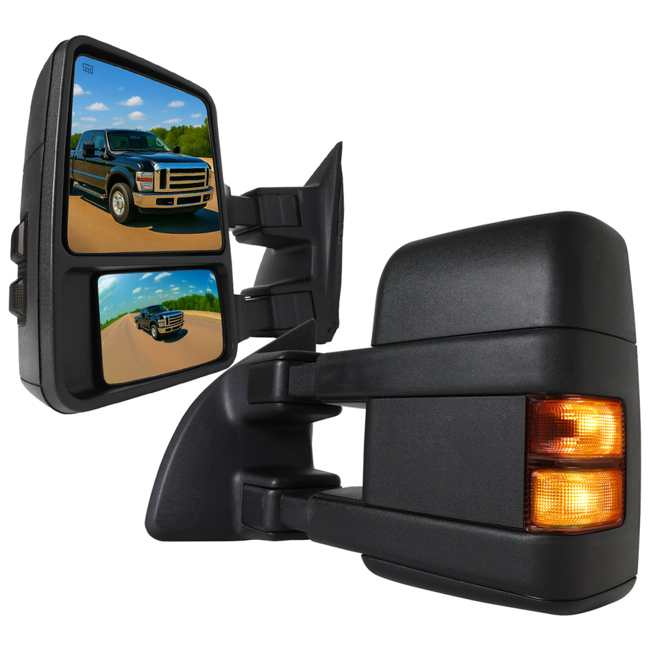 2008-2016 Ford F-250 / F-350 / F-450 / F-550 Black Power Adjustable, Heated, & Manual Extendable Towing Mirrors w/ Smoked Lens Turn Signal Lights