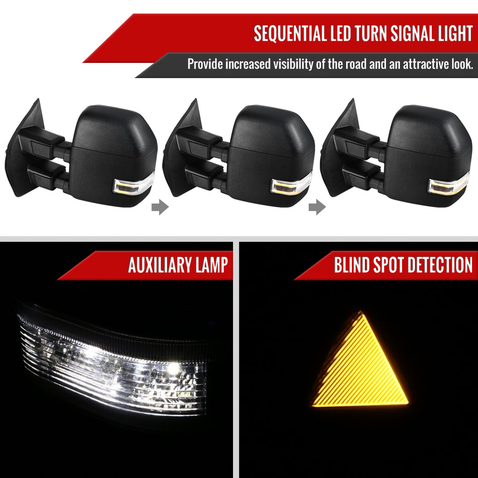 2017-2019 Ford F-250/F-350/F-450/F-550 Power Adjustable, Heated, & Manual Extendable Towing Mirrors w/ LED Turn Signal, Clearance, & Auxiliary Lights