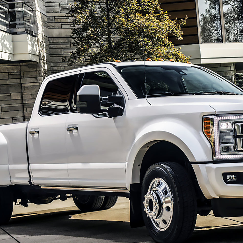 2017-2019 Ford F-250/F-350/F-450/F-550 Power Adjustable, Heated, BSM, ATS, & Manual Extendable Towing Mirrors w/ Smoked Lens LED Turn Signal, Clearance, & Auxiliary Lights