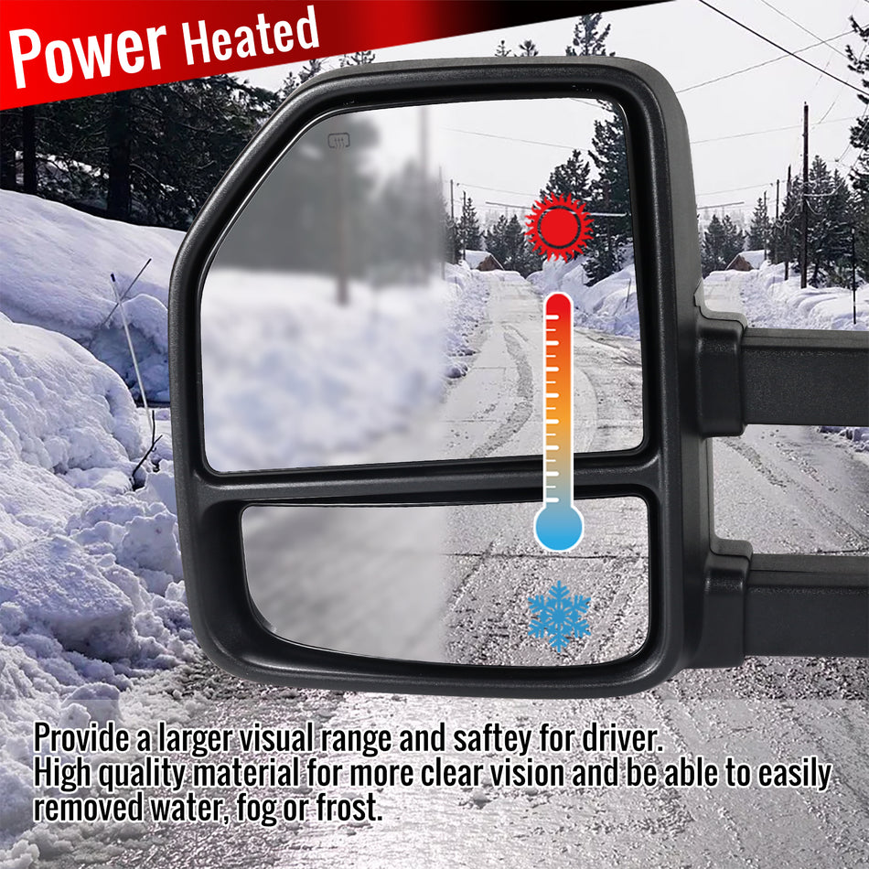 1999-2016 Ford F-250/F-350/F-450 Power Adjustable, Heated, & Manual Extendable Towing Mirrors w/ Clear Lens LED Turn Signal & Clearance Lights
