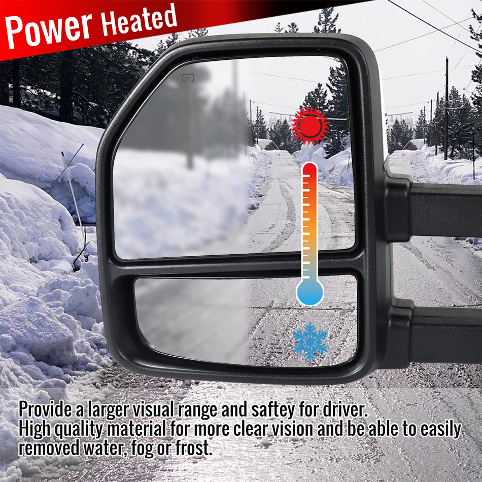 1999-2016 Ford F-250/F-350/F-450 Power Adjustable, Heated, & Manual Extendable Chrome Towing Mirrors w/ Smoked Lens LED Turn Signal & Clearance Lights