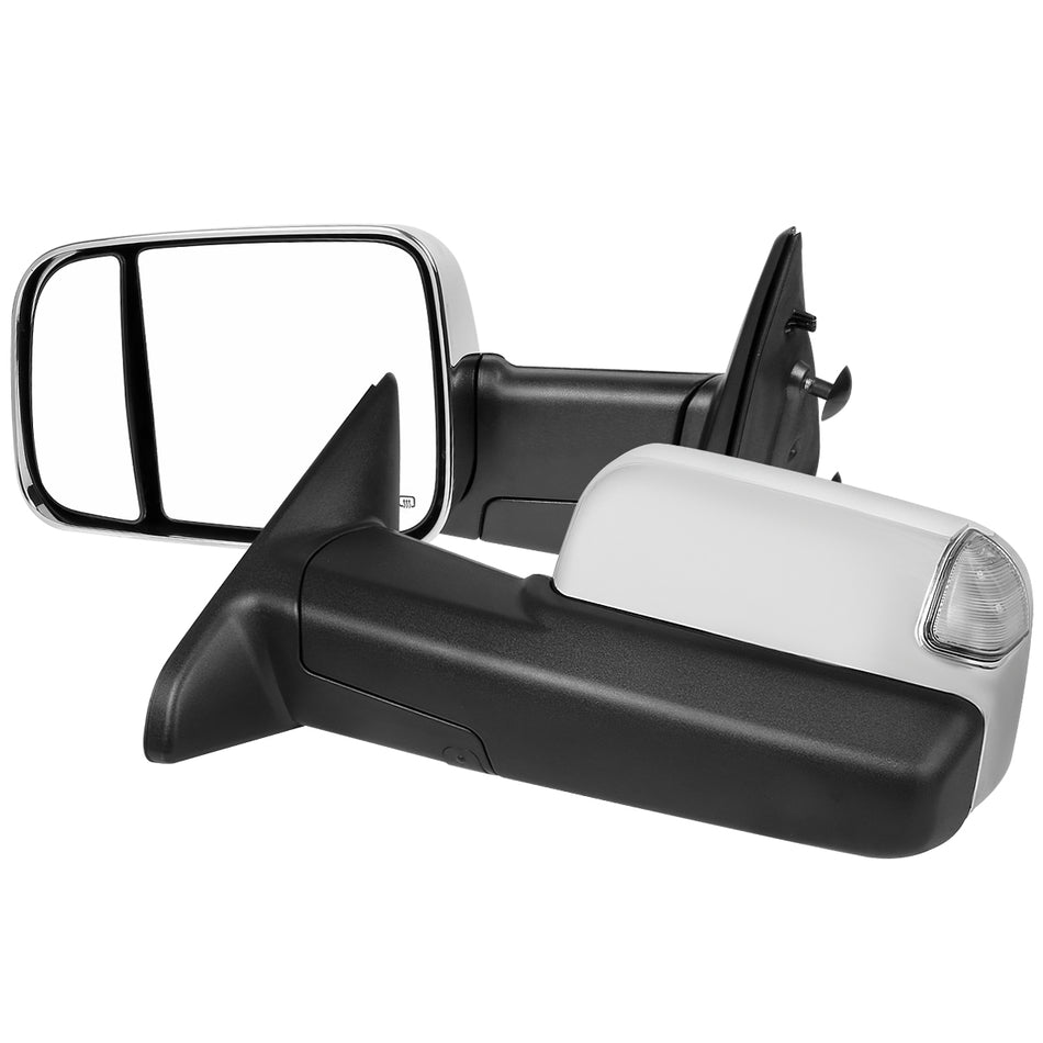2009-2012 Dodge RAM 1500 Power Adjustable, Foldable, Heated, & Manual Extendable Chrome Towing Mirrors w/ Clear Lens LED Turn Signal & Puddle Lights