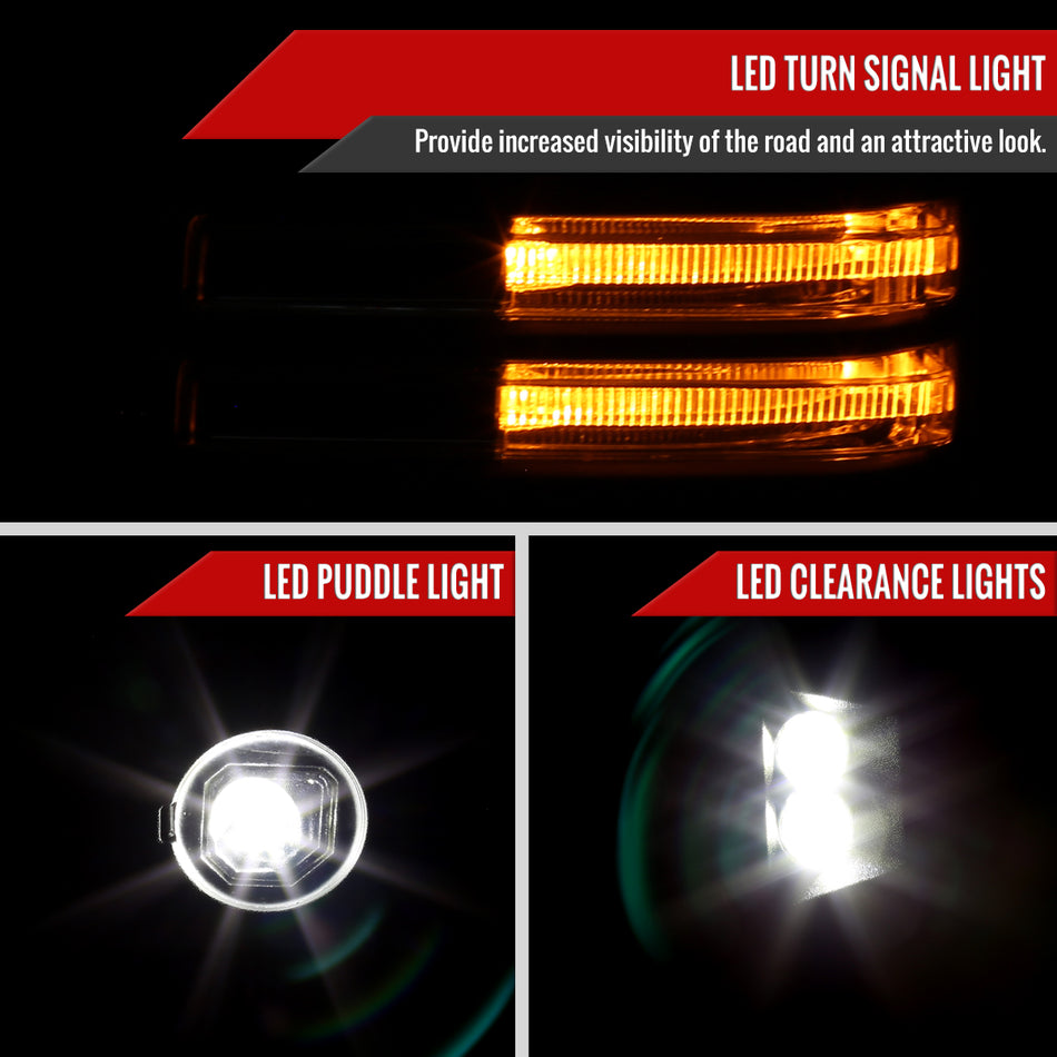 2019-2025 GMC Sierra 1500 Power Adjustable, Heated, & Manual Extendable Black Towing Mirrors w/ Smoked Lens LED Turn Signal & Clearance Lights