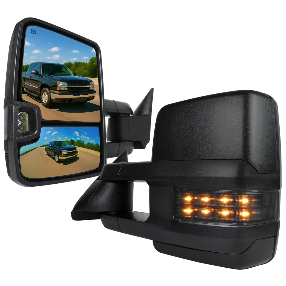 2002-2007 Chevrolet Silverado/ GMC Sierra/Yukon/Yukon XL Power Adjustable, Heated, & Manual Extendable Towing Mirrors w/ Smoked Lens LED Turn Signal & Clearance Lights