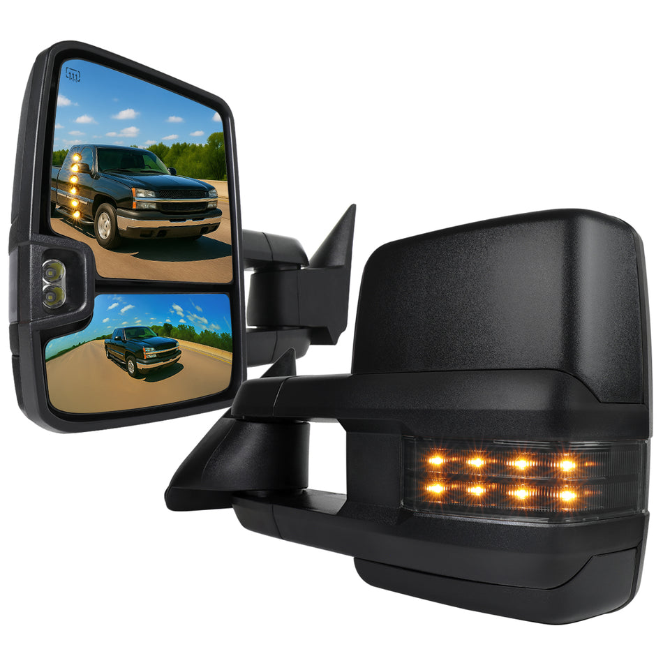 2002-2007 Chevrolet Silverado / Suburban / Tahoe / Avalanche GMC Sierra / Yukon / Yukon XL Power Adjustable, Heated, & Manual Extendable Towing Mirrors w/ Smoked Lens LED Turn Signal & Clearance Lights