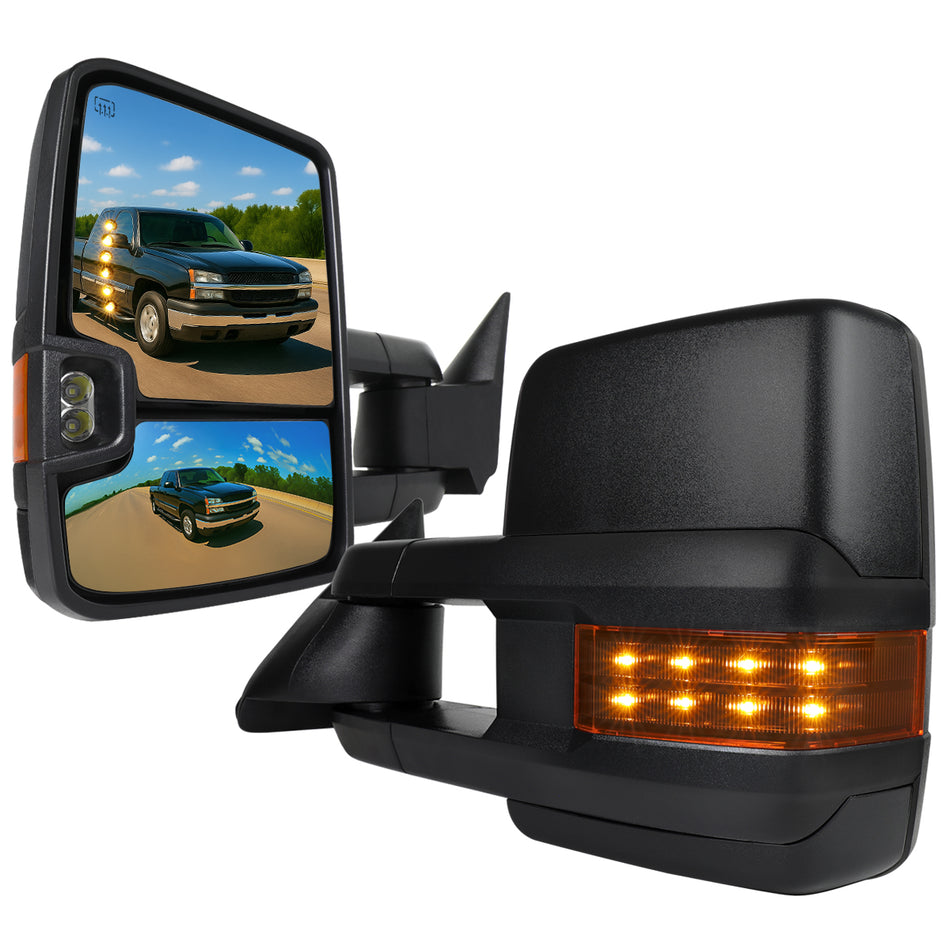 2002-2007 Chevrolet Silverado / Suburban / Tahoe / Avalanche GMC Sierra / Yukon / Yukon XL Power Heated Towing Mirrors w/ Smoked Lens LED Turn Signal & Clearance Lights