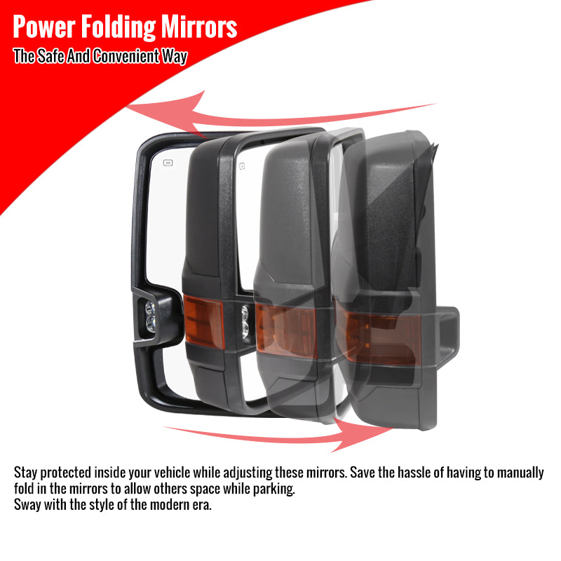 2014-2018 Chevrolet Silverado/ GMC Sierra Power Adjustable, Folding, Heated, & Manual Extendable Black Side Mirrors w/ Amber Lens LED Turn Signal & Clearance Lights