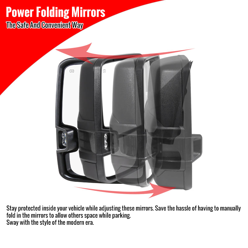 2014-2018 Chevrolet Silverado/ GMC Sierra Power Adjustable, Folding, Heated, & Manual Extendable Black Towing Mirrors w/ Smoked Lens LED Turn Signal & Clearance Lights