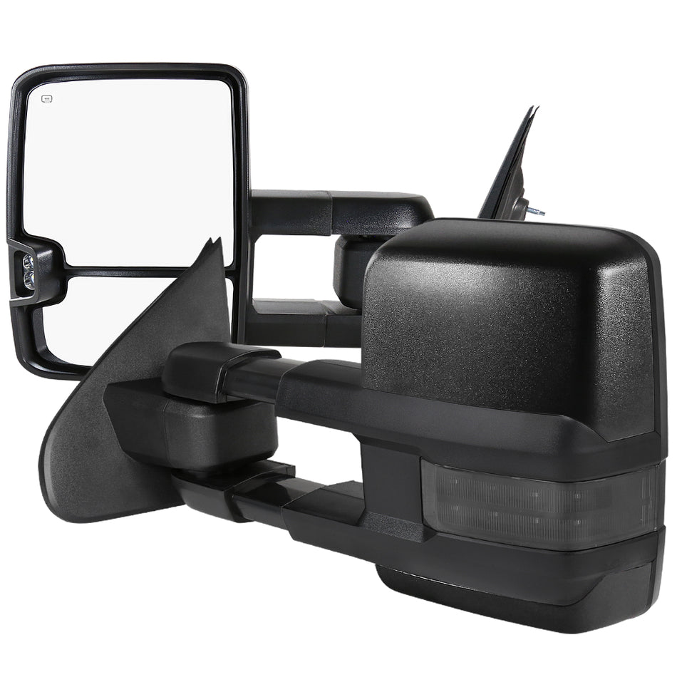 2014-2018 Chevrolet Silverado/ GMC Sierra Power Adjustable, Folding, Heated, & Manual Extendable Black Towing Mirrors w/ Smoked Lens LED Turn Signal & Clearance Lights