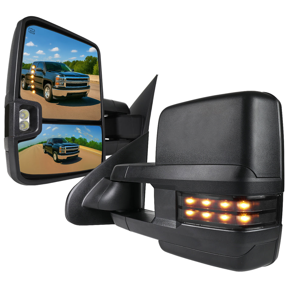 2014-2018 Chevrolet Silverado Sierra Power Adjustable, Heated, & Manual Extendable Towing Mirrors w/ Smoked Lens LED Signal & Clearance Lights