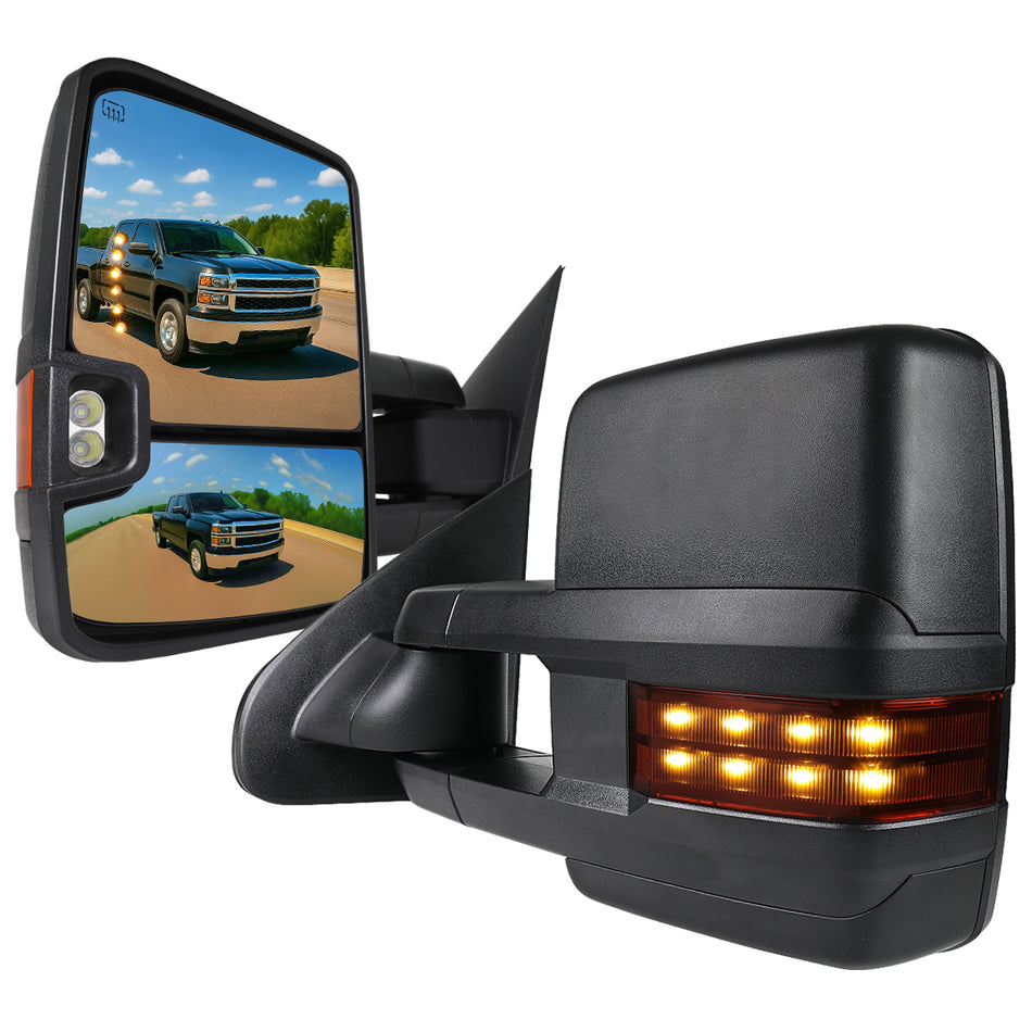 2014-2018 Chevrolet Silverado Sierra Power Heated Manual Extendable Towing Mirrors w/ Smoked Lens LED Turn Signal & Clearance Lights