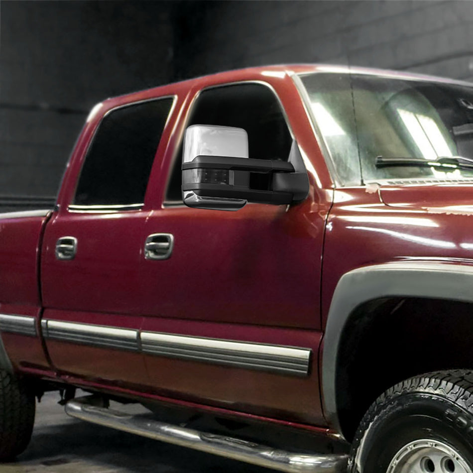 1999-2002 Chevrolet Silverado/Tahoe/Suburban/Avalanche GMC Sierra/Yukon/Yukon XL Power Heated Manual Extendable Chrome Towing Mirrors w/ Smoked Lens LED Turn Signal & Clearance Lights