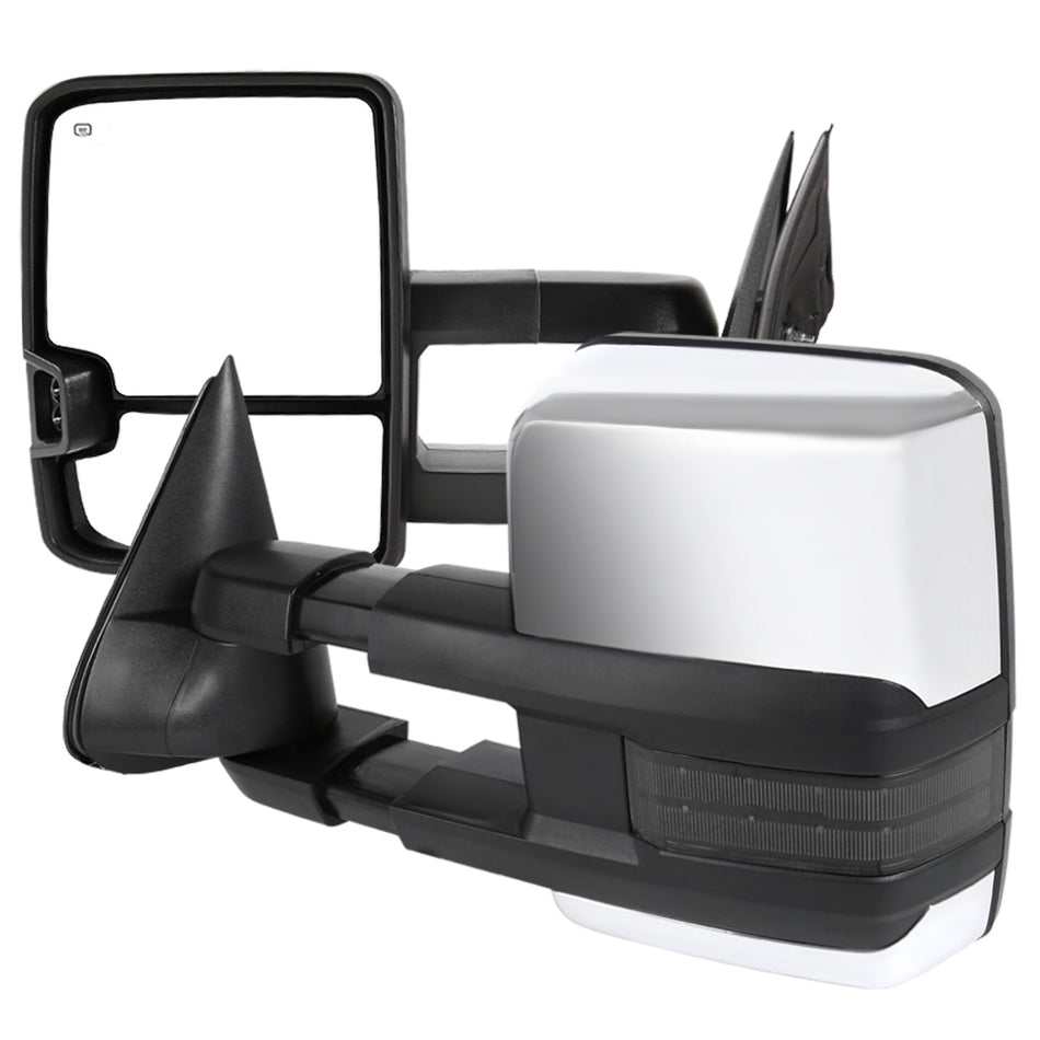 1999-2002 Chevrolet Silverado/Tahoe/Suburban/Avalanche GMC Sierra/Yukon/Yukon XL Power Heated Manual Extendable Chrome Towing Mirrors w/ Smoked Lens LED Turn Signal & Clearance Lights