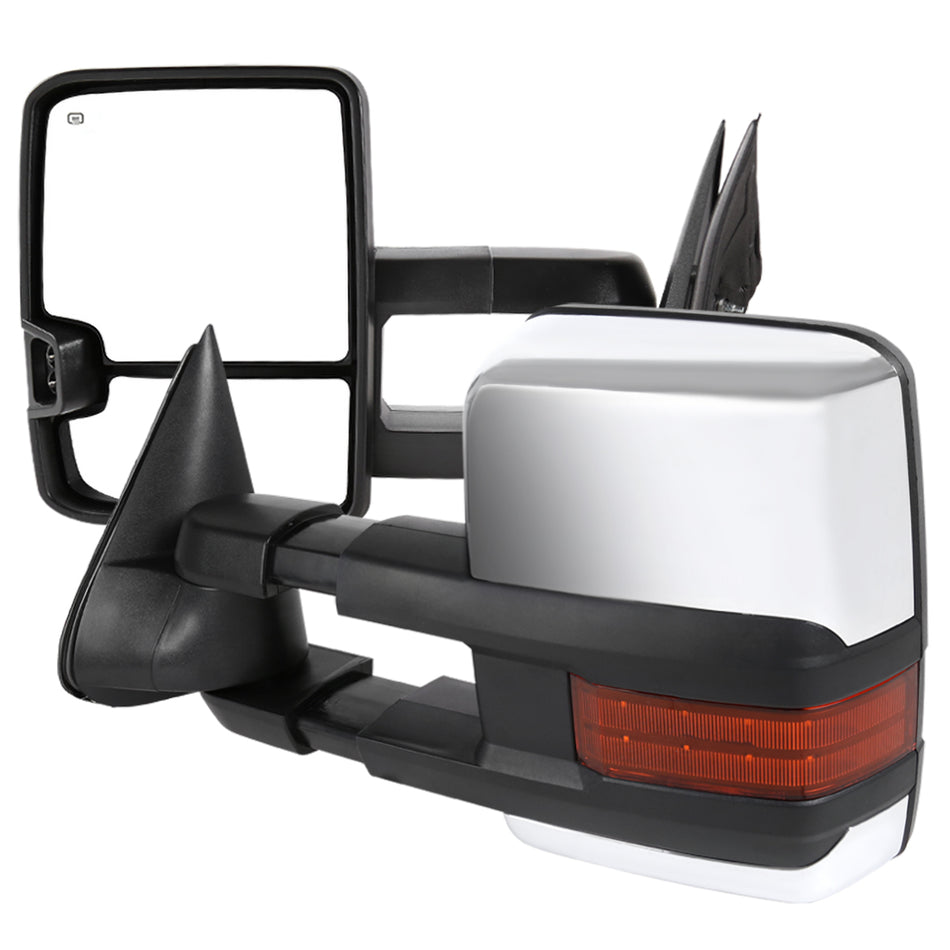 1999-2002 Chevrolet Silverado/Tahoe/Suburban/Avalanche GMC Sierra/Yukon/Yukon XL Power Heated Manual Extendable Chrome Towing Mirrors w/ Amber Lens LED Turn Signal & Clearance Lights