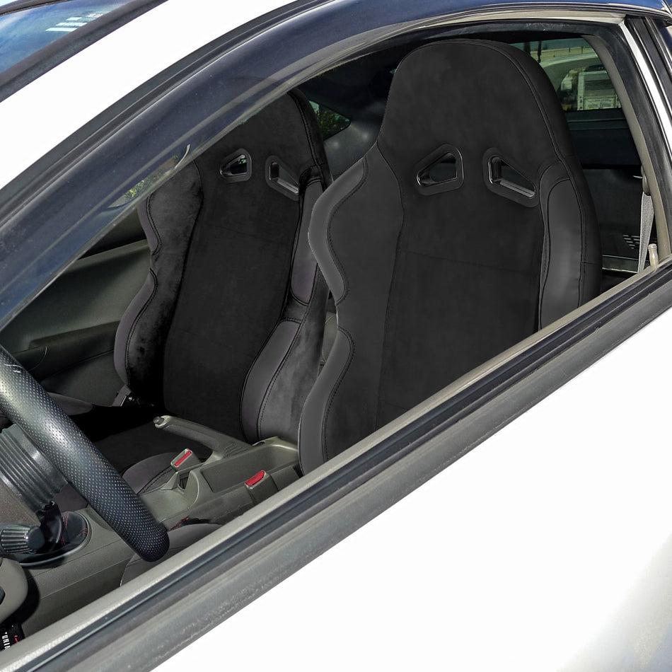 Fully Reclinable Black Suede Stitch Bucket Racing Seat w/ Sliders - Passenger Side Only