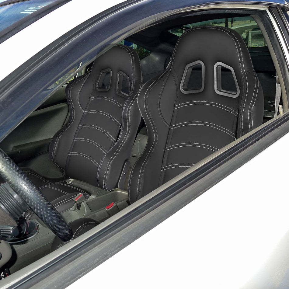 Fully Reclinable Black PVC Leather Bucket Racing Seat w/ Sliders - Passenger Side Only