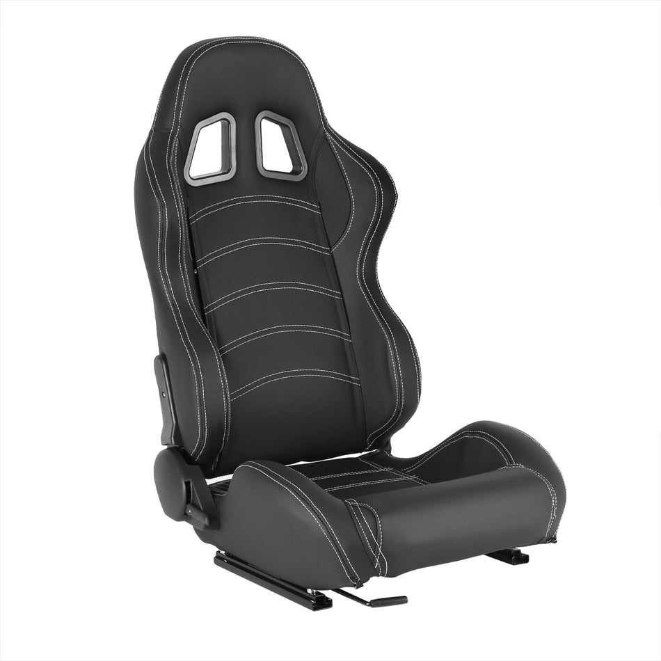 Fully Reclinable Black PVC Leather Bucket Racing Seat w/ Sliders - Passenger Side Only