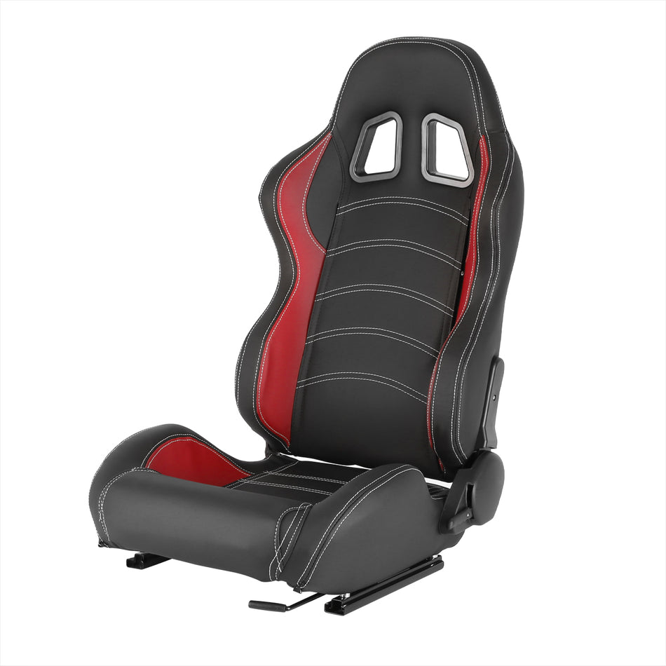 Fully Reclinable Black & Red PVC Leather Bucket Racing Seat w/ Sliders - Driver Side Only