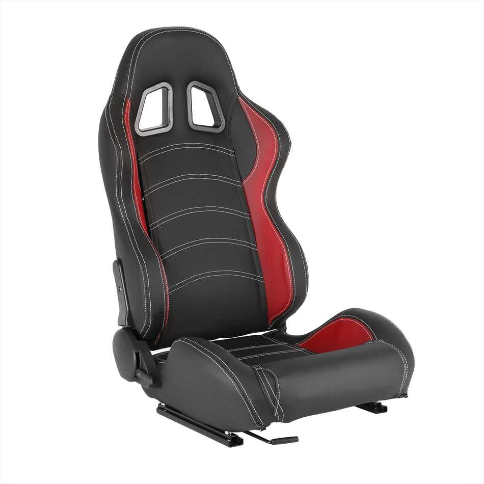 Fully Reclinable Black & Red PVC Leather Bucket Racing Seat w/ Sliders - Passenger Side Only
