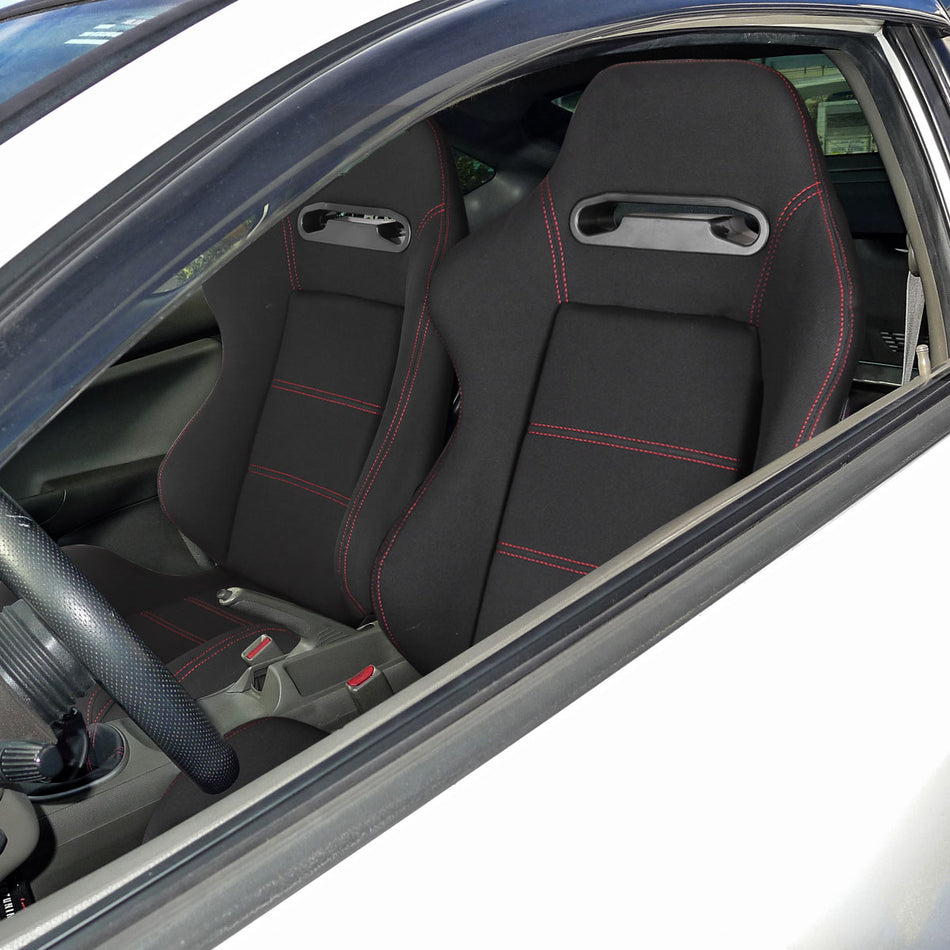 Fully Reclinable Black Cloth Bucket Racing Seat w/ Sliders - Passenger Side Only