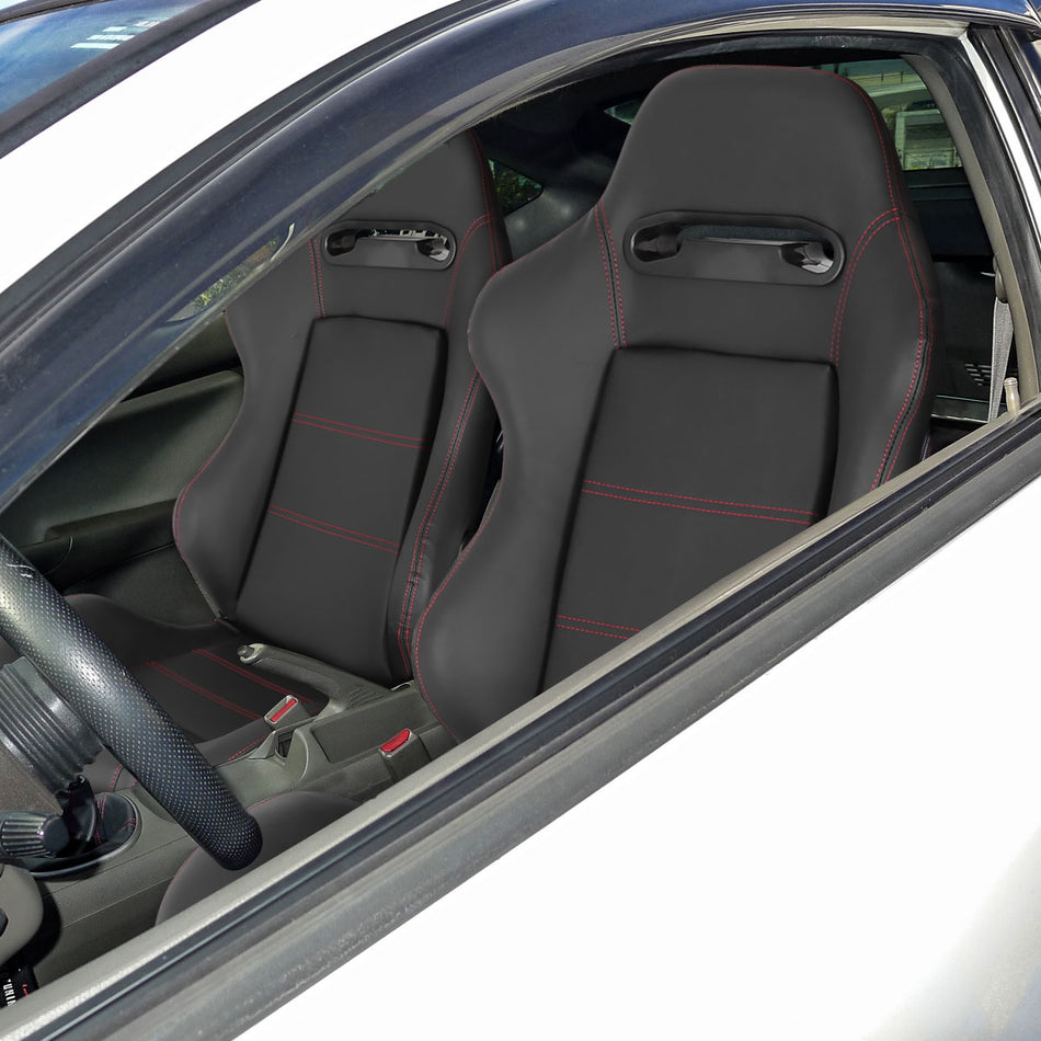 Fully Reclinable Black PVC Leather Red Stitch Bucket Racing Seat w/ Sliders - Driver Side Only