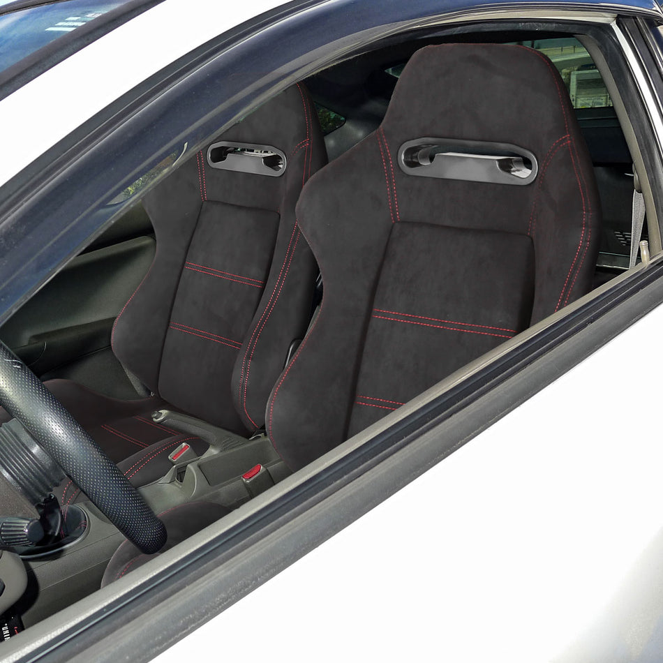Fully Reclinable Black Suede Red Stitch Bucket Racing Seat w/ Sliders - Passenger Side Only