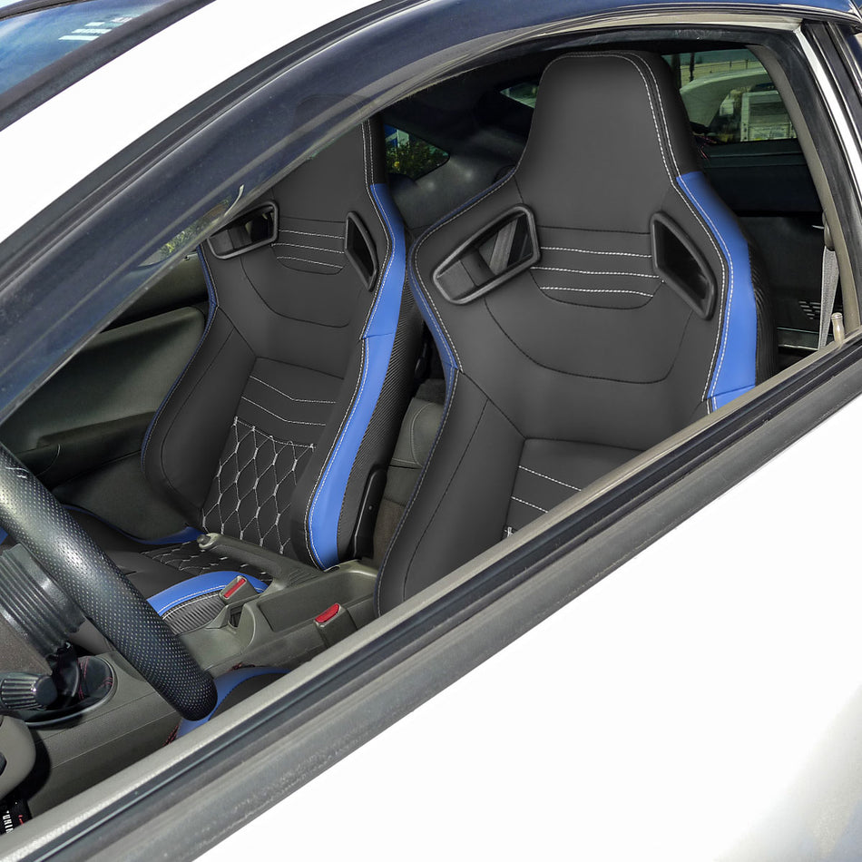 Fully Reclinable Black & Blue PVC Leather White Stitch Bucket Racing Seat w/ Sliders - Driver Side Only