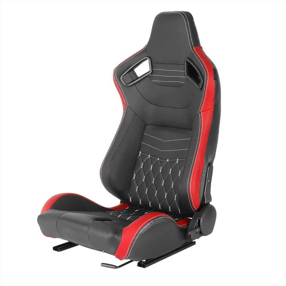 Fully Reclinable Black & Red PVC Leather White Stitch Bucket Racing Seat w/ Sliders - Driver Side Only