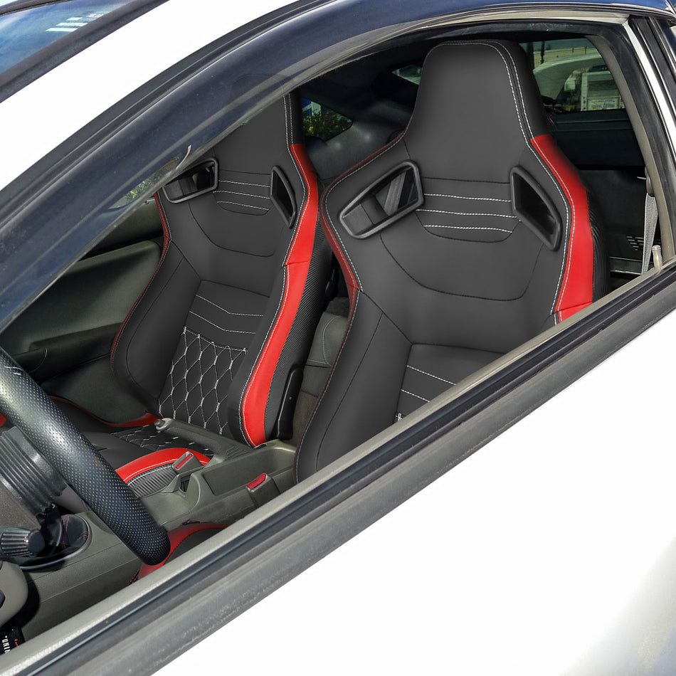 Fully Reclinable Black & Red PVC Leather White Stitch Bucket Racing Seat w/ Sliders - Passenger Side Only