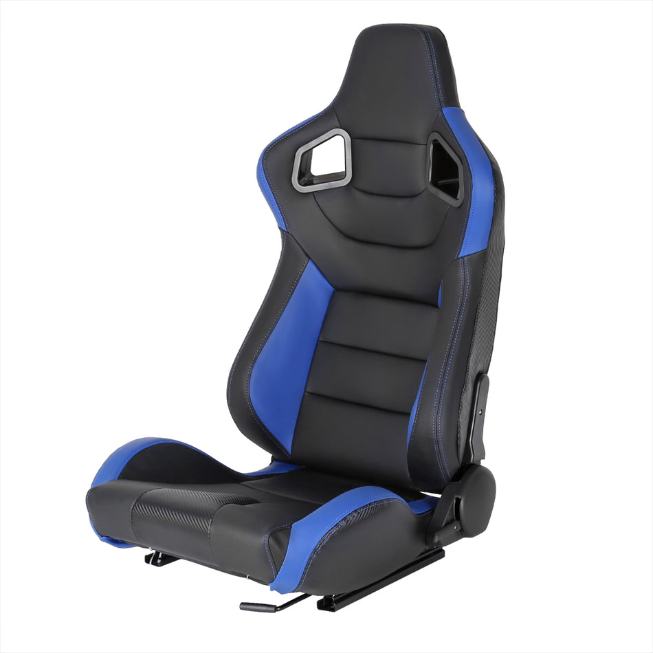Fully Reclinable Black & Blue PVC Leather Carbon Fiber Style Bucket Racing Seat w/ Sliders - Driver Side Only