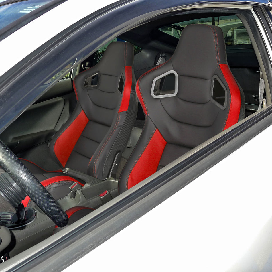 Fully Reclinable Black & Red PVC Leather Carbon Fiber Style Bucket Racing Seat w/ Sliders - Passenger Side Only