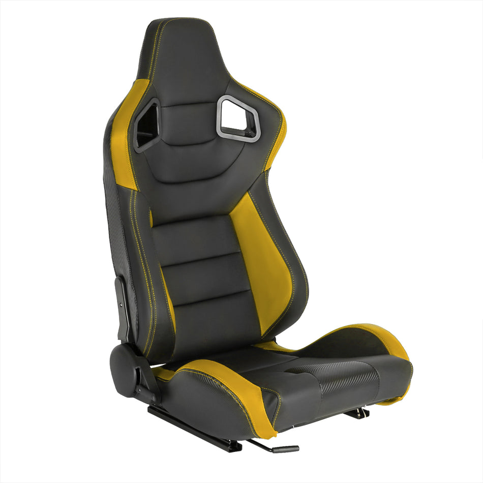Fully Reclinable Black & Yellow PVC Leather Carbon Fiber Style Bucket Racing Seat w/ Sliders - Passenger Side Only
