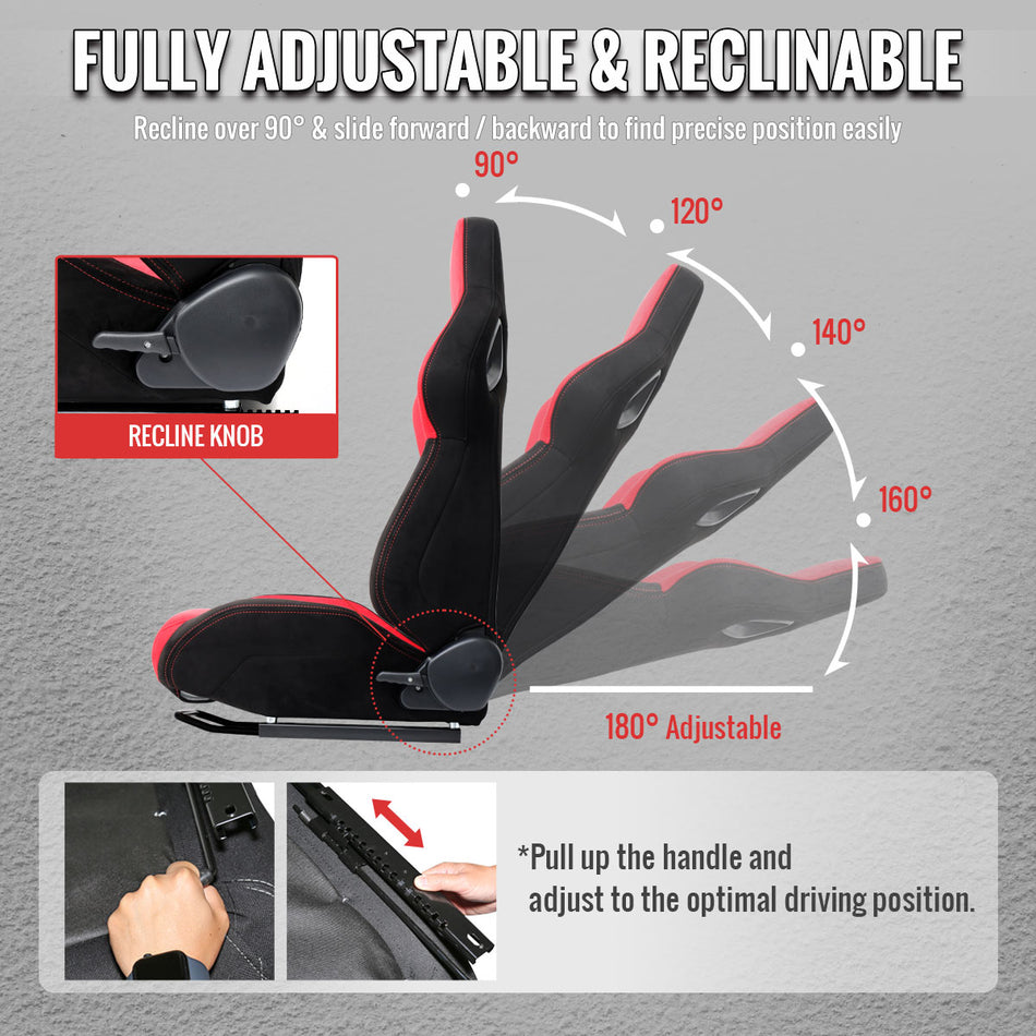 Universal Fully Reclinable Black Red Suede Bucket Racing Seat w/ Sliders - Driver Side Only