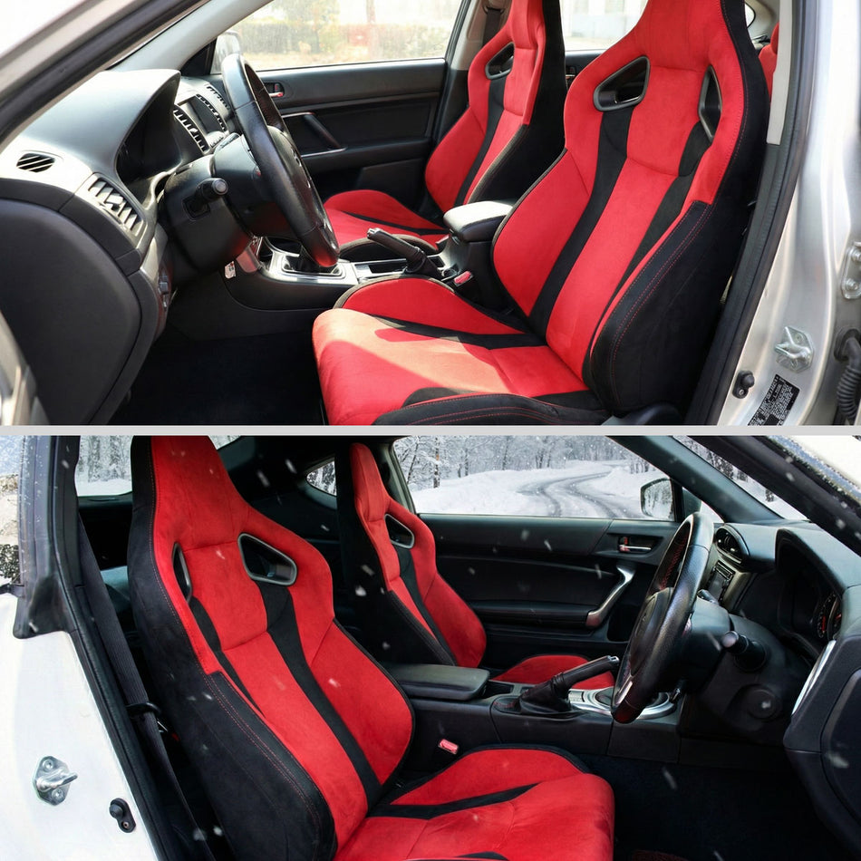 Universal Fully Reclinable Black Red Suede Bucket Racing Seat w/ Sliders - Driver Side Only